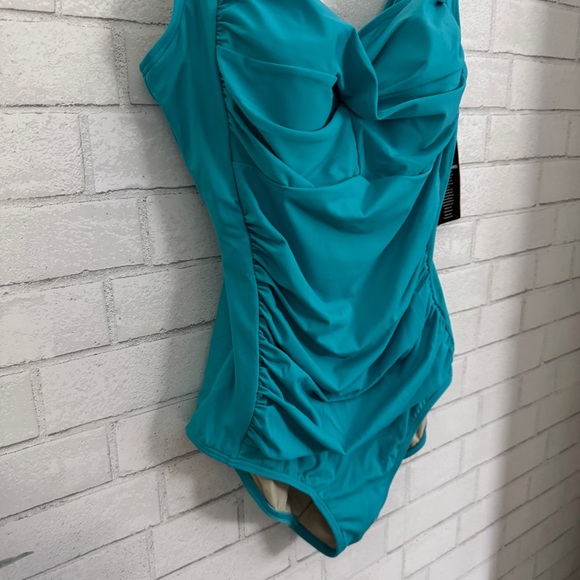 SWIMSUITS FOR ALL Teal Ruched Twist Front One-Piece Swimsuit - Picture 3 of 10